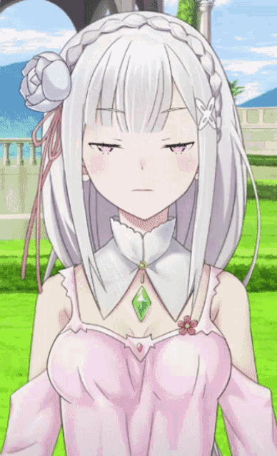 a girl with white hair and pink eyes is wearing a pink top