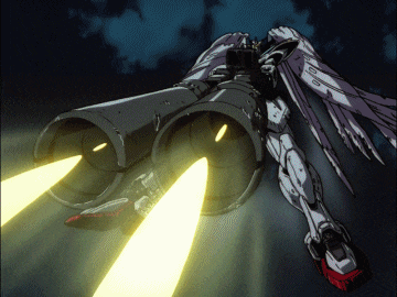 a robot with wings is flying through the air with two jets coming out of it 's wings