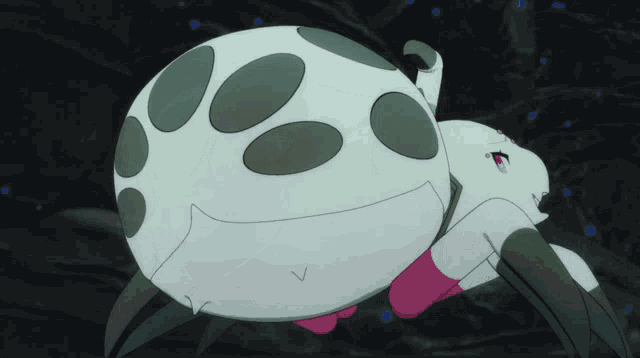 a white cartoon spider with black spots on it 's body
