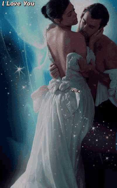 a woman in a white dress is hugging a shirtless man with the words " i love you " on the bottom