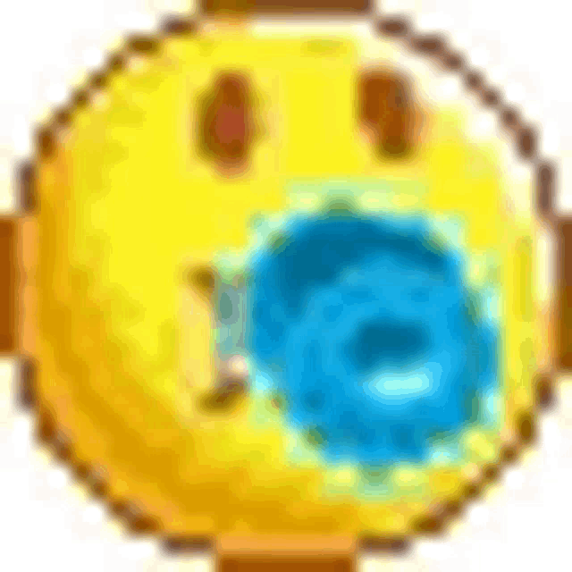a pixel art of a yellow smiley face with a blue circle in the middle .