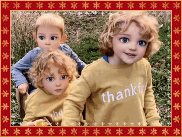 a picture of three children with one wearing a thankful shirt