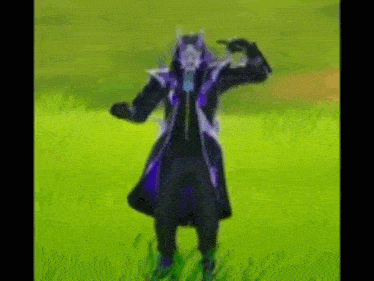 a man in a purple coat is standing in a field holding a gun .