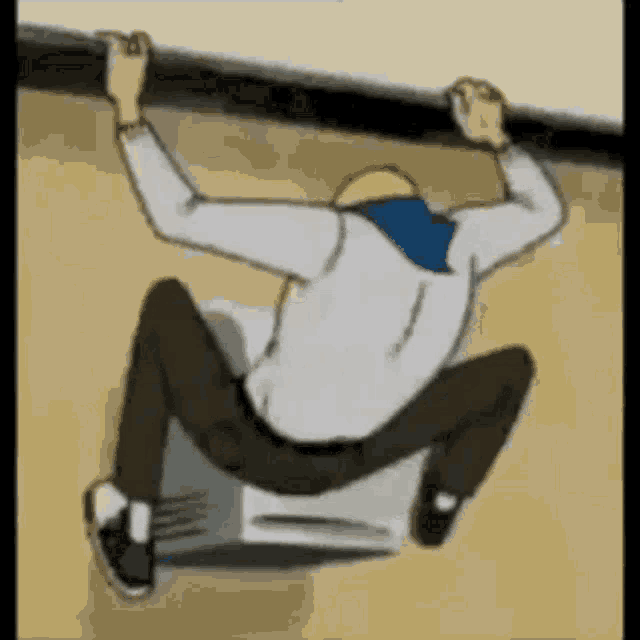 a cartoon of a man climbing a wall with his hands on a railing .