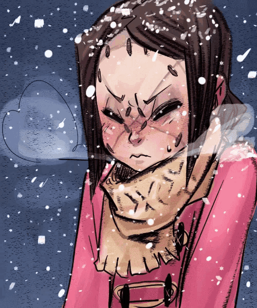 a drawing of a girl wearing a scarf and a pink coat