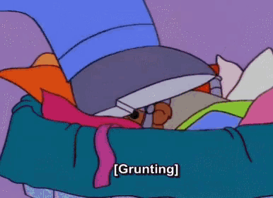 a cartoon of a person laying in a pile of clothes with the word grunting written on the bottom
