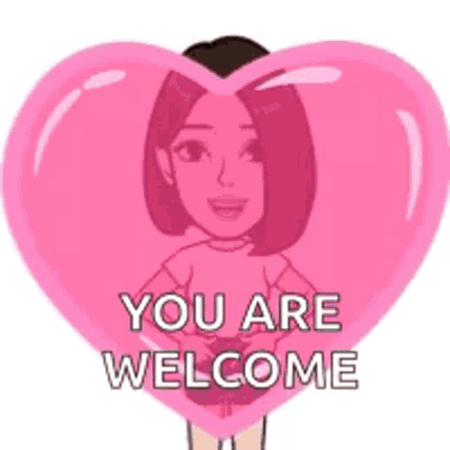 a cartoon girl is holding a pink heart with the words `` you are welcome '' written on it .