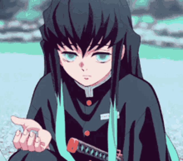 a girl with long black hair is holding a sword .