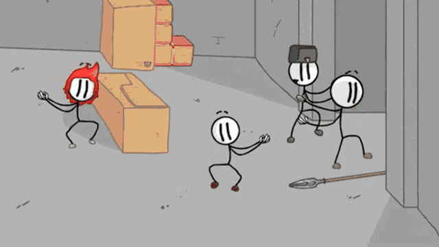 a group of stick figures are playing a game and one of them has a red hat on