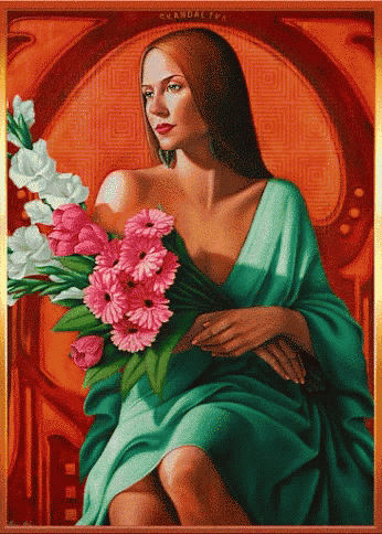 a woman in a green dress is holding a bouquet of pink flowers