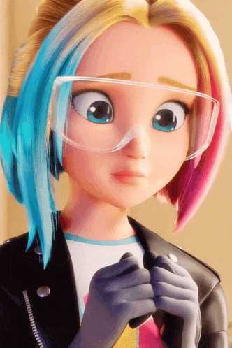 a close up of a cartoon girl wearing safety goggles
