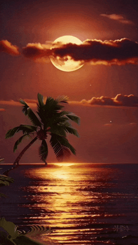 a full moon rises over the ocean with a palm tree
