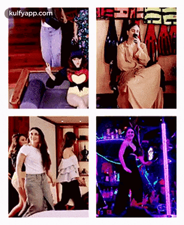 a collage of four pictures of a woman dancing in a club .