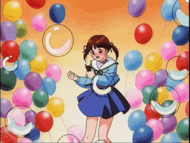 a girl in a school uniform is surrounded by balloons