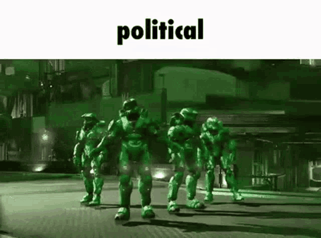 a group of green soldiers are dancing on a street in a video game .