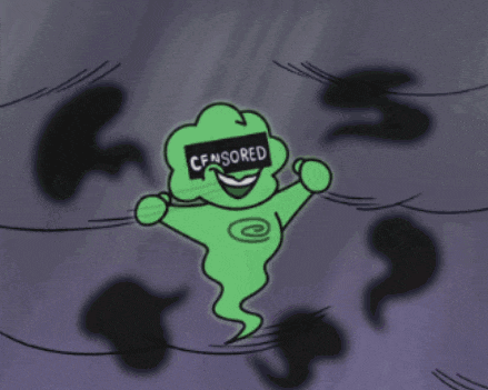 a cartoon of a ghost with a censored label on his head