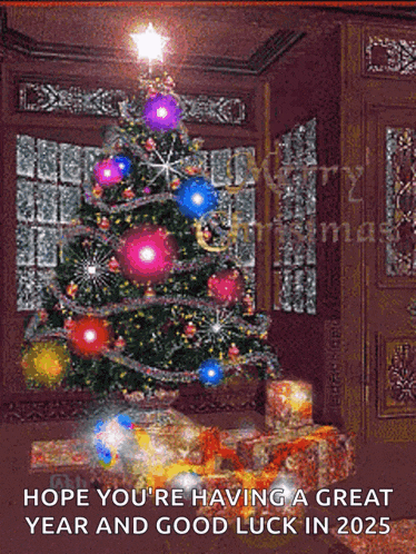 a picture of a christmas tree with the words hope you 're having a great year and good luck in 2025 below it