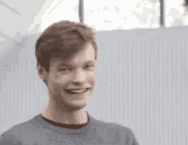 a young man wearing a gray sweater is smiling and looking at the camera .