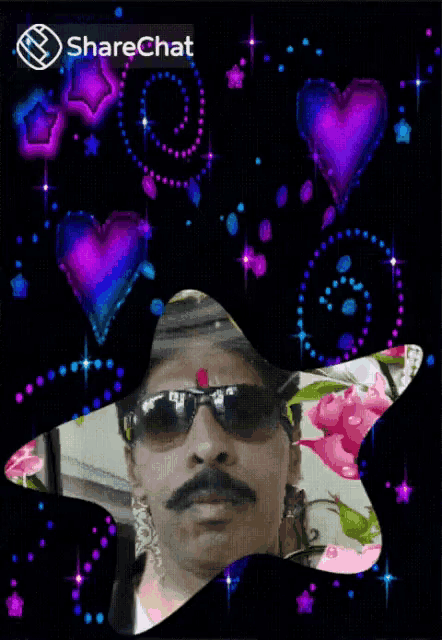 a man with sunglasses and a mustache is surrounded by hearts and stars on a sharechat screen