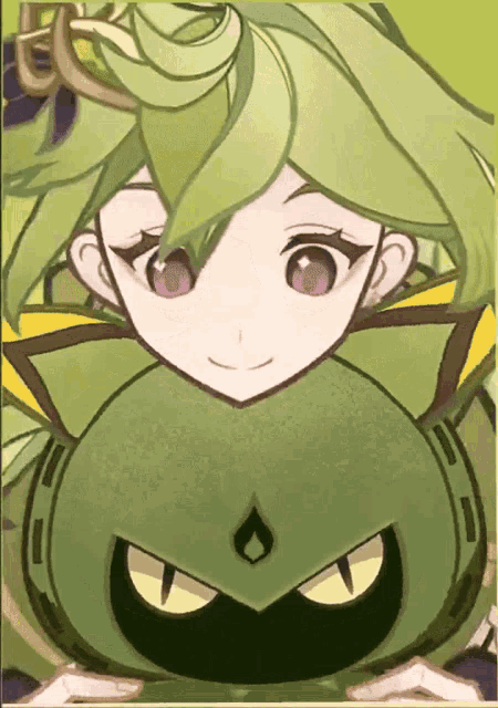 a drawing of a girl with green hair and a black mask