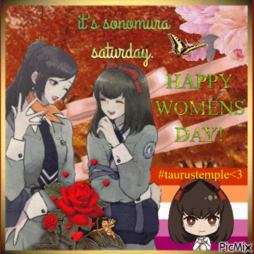 a happy women 's day greeting card with two girls and roses