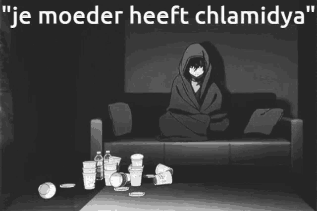 a black and white drawing of a person laying on a couch with the words " je moeder heeft chlamidya "