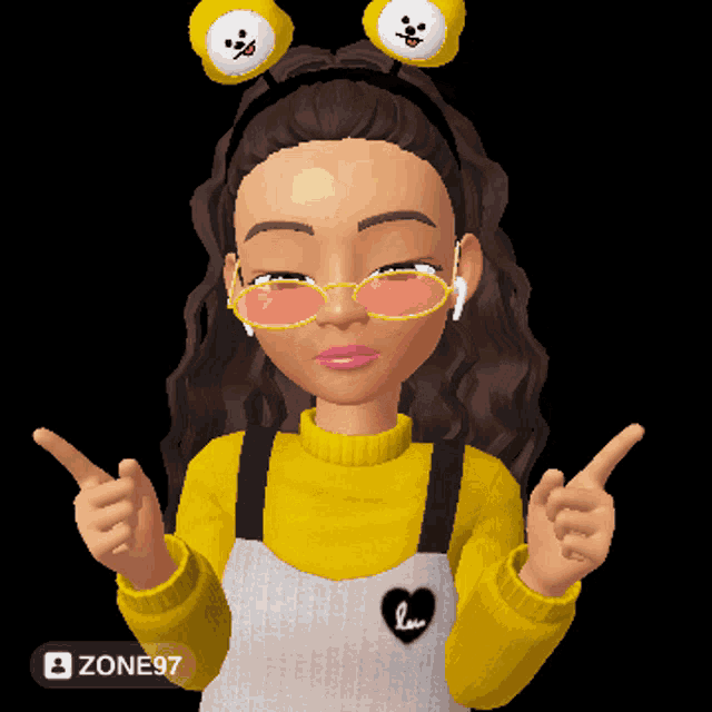 a cartoon girl wearing a yellow sweater and overalls with a heart on her sleeve
