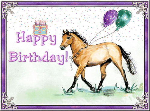 a birthday card with a horse and balloons