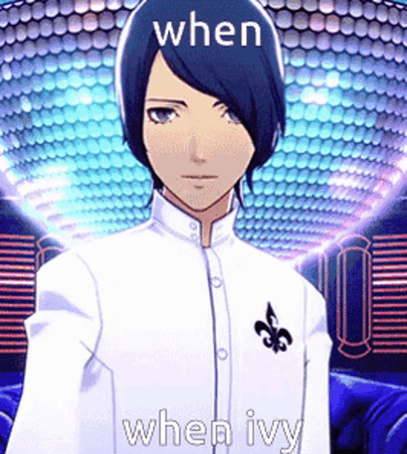 a man in a white shirt is standing in front of a disco ball and says when ivy .