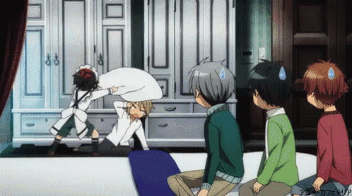 a group of anime characters are having a pillow fight and one of them is wearing a maid outfit