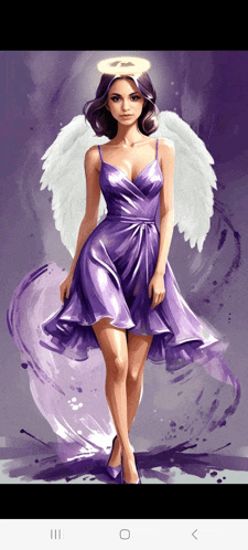 a woman in a purple dress with white wings and a halo around her head