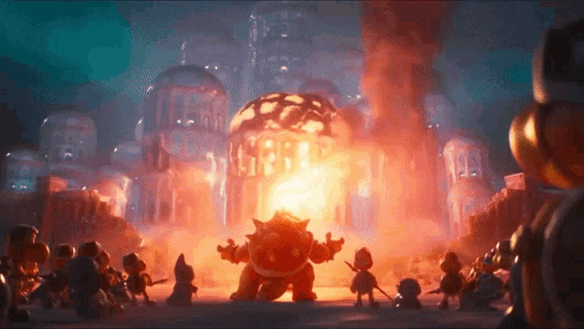 a group of cartoon characters are standing in front of a building that is burning