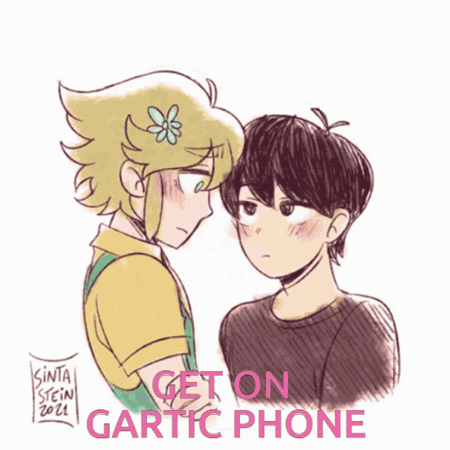 a drawing of a boy and girl with the words get on gartic phone