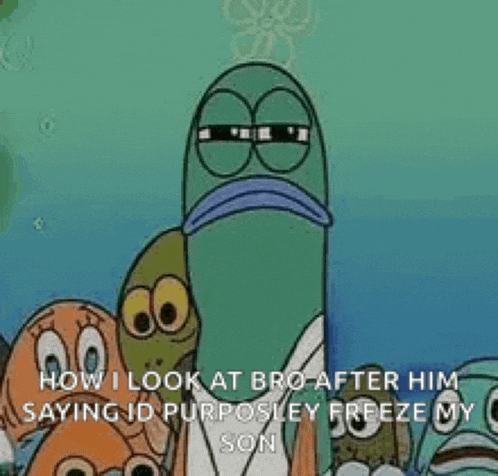 a cartoon of spongebob squarepants standing next to a group of fish .