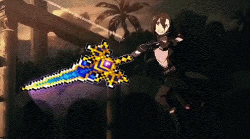a pixel art of a girl with a sword