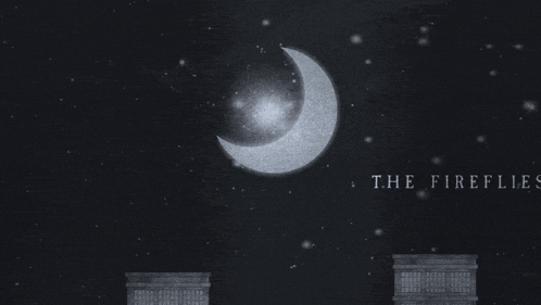 a black and white image of a crescent moon with the words the fireflies below it