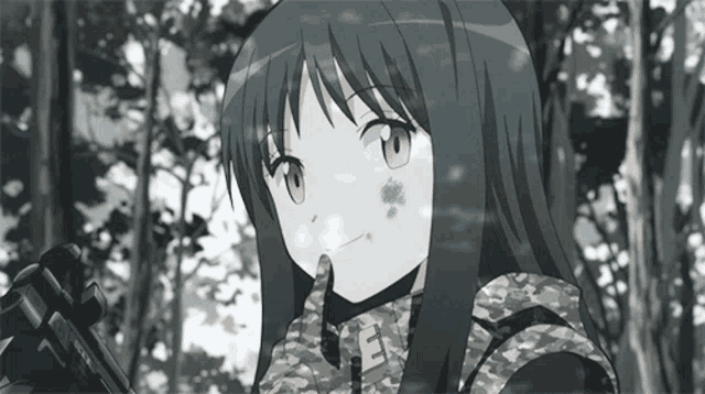 a black and white drawing of a girl wearing a camo jacket with the letter e on it