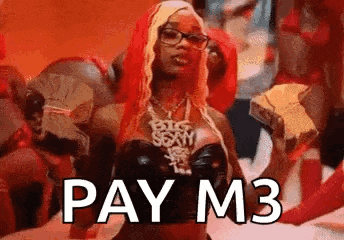 a woman in a black top and glasses is holding a bunch of money in her hand and says `` pay m3 '' .