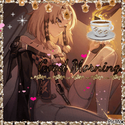 a picture of a girl holding a cup of coffee with the words good morning