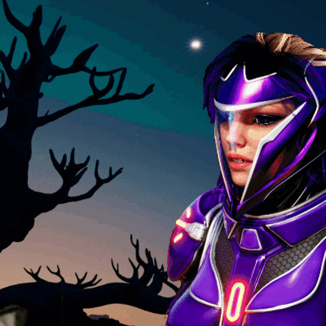 a woman wearing a purple helmet with the number 0 on her chest