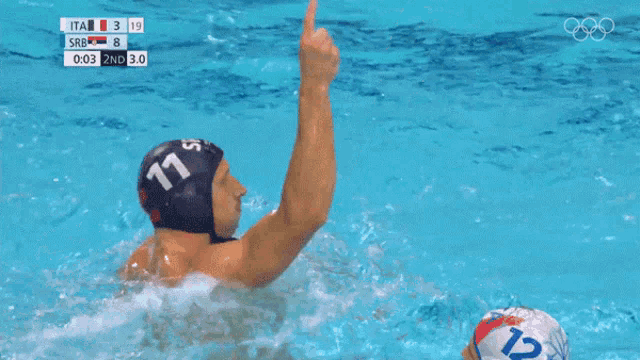 a man wearing a number 11 cap is in the water