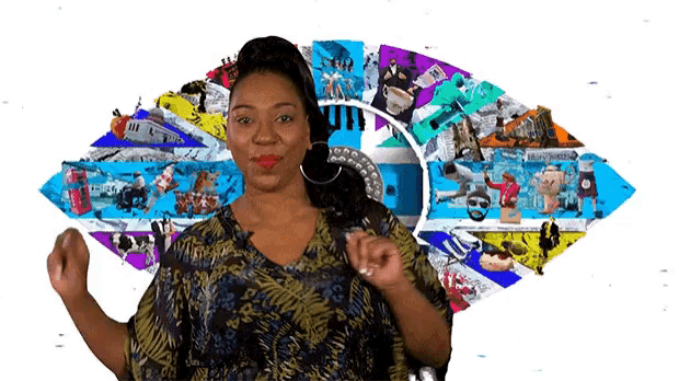 a woman is dancing in front of a collage of images including one that says harry potter