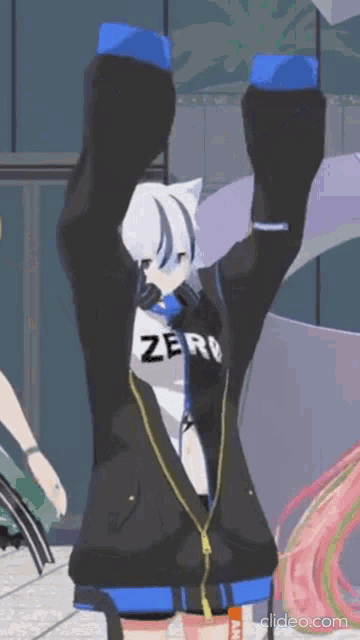 a 3d anime girl wearing a black jacket with the word zero on it is standing with her arms in the air .