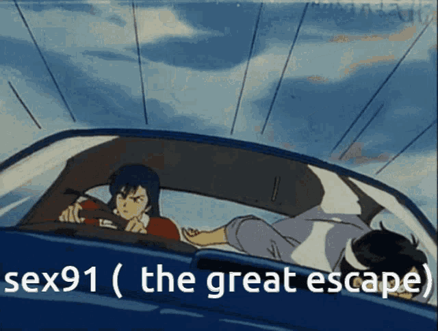 a cartoon of a man driving a car with the words sex91 ( the great escape ) above him