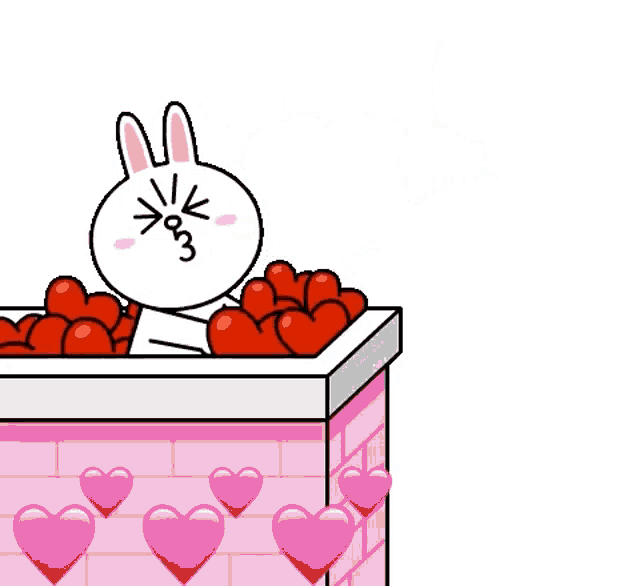 a cartoon rabbit is surrounded by red hearts on a pink brick wall
