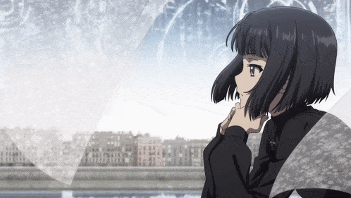 a girl with short black hair looks out a window at a city