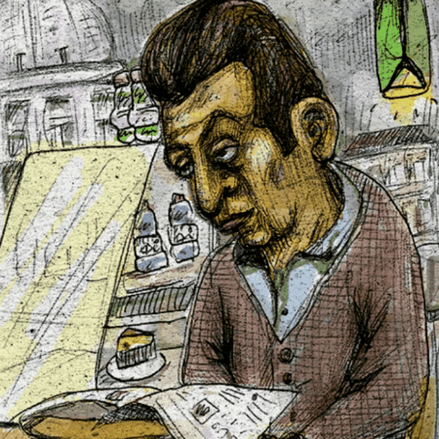 a cartoon drawing of a man reading a newspaper with a headline that says no