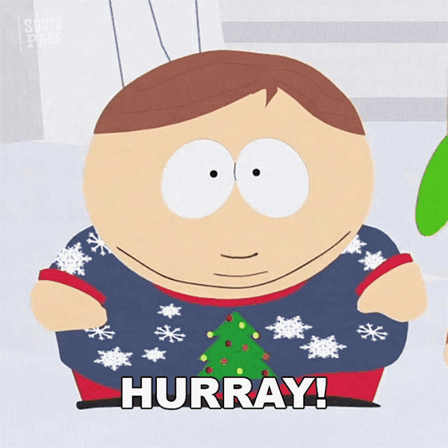a cartoon character with a christmas tree on his shirt says hurray