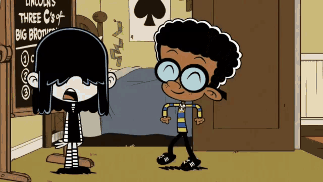 two cartoon characters are standing in front of a sign that says lincoln 's three c 's of big brown
