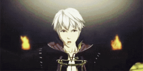 a cartoon character with white hair is standing in front of a fire and looking at the camera .